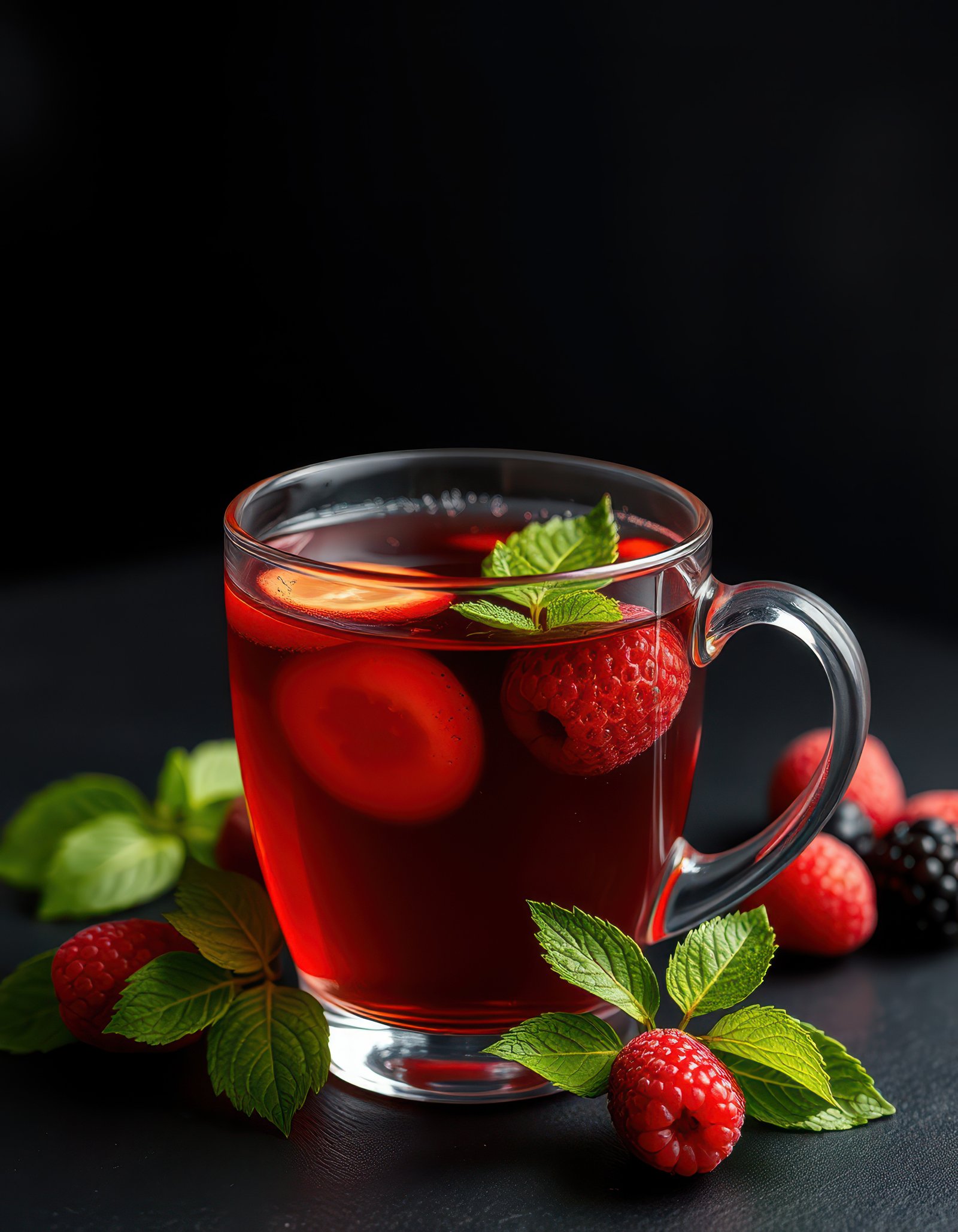 Refreshing herbal tea with berries and mint in a glass cup on a dark background
